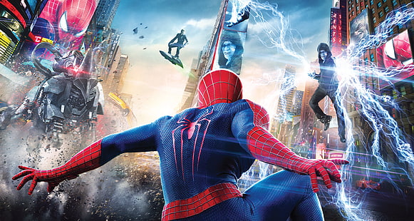 The Amazing Spider-Man digital wallpaper, City, USA, Sky, Sony, Amazing, Green, Electro, Lightning, New York, Columbia, Men, The, Marvel, Parker, Times Square, Harry, Year, EXCLUSIVE, Spider-Man, Max, Andrew Garfield, Build, Spider Man, Peter, Cloud, Movie, America, Film, 2014, Jamie Foxx, Pictures, Screen, The Amazing Spider-Man 2, Rhino, Columbia Pictures, Goblin, Dillon, Dane DeHaan, SpiderMan, The Rhino, Paul Giamatti, Osborn, HD wallpaper HD wallpaper