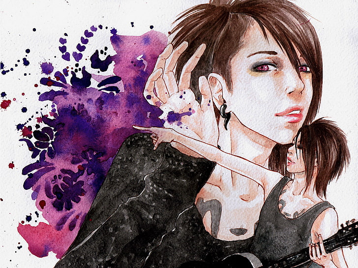 brown haired woman illustration, visual kei, asian, miyavi, rock, art, music, tattoo, boy, guitar, HD wallpaper