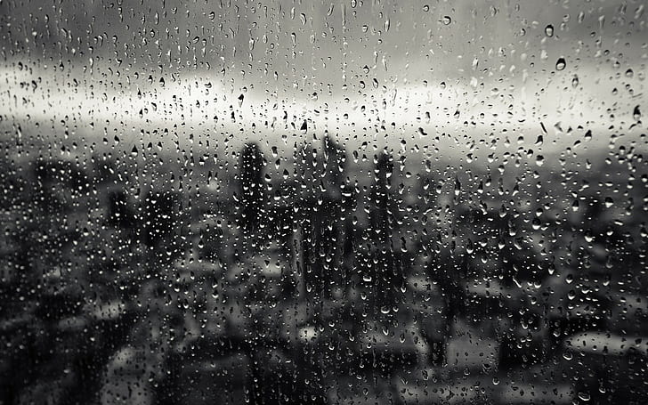 pioggia, città, monocromatico, gocce d'acqua, acqua su vetro, grigio, Sfondo HD
