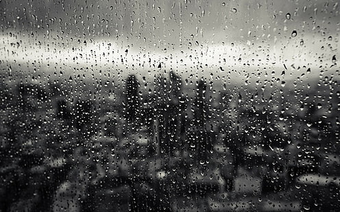 hujan, kota, monokrom, tetesan air, air di gelas, abu-abu, Wallpaper HD HD wallpaper