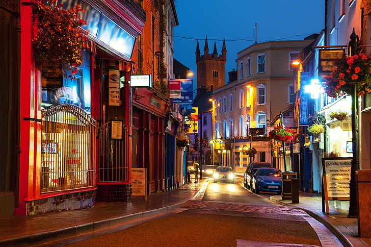 road, the city, excerpt, blur, Ireland, bokeh, view, travel, ., my planet, home lighting, cafes shops, light lights, gift shops, night, an old street, HD wallpaper