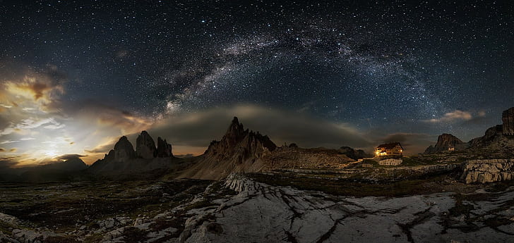 природа пейзаж фотография панорамы Млечный путь доломиты горы звездная ночь лето галактика здание кабина огни долгая выдержка италия, HD обои