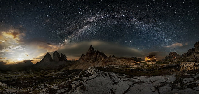 natur landschaft fotografie panoramen milchstraße dolomiten berge sternenklare nacht sommer galaxie gebäude kabine lichter langzeitbelichtung italien, HD-Hintergrundbild HD wallpaper