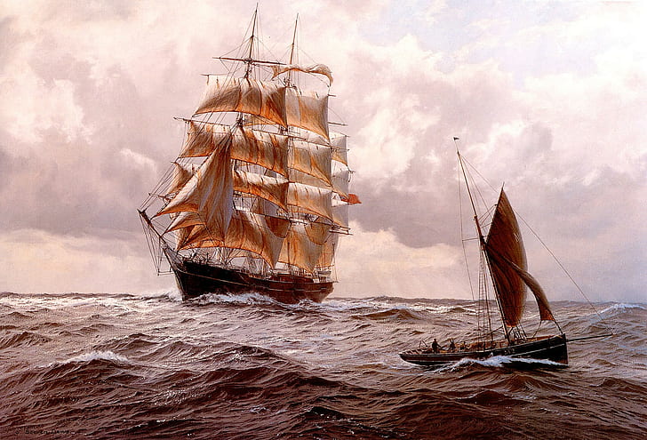 sailing ship, artwork, ship, sea, vehicle, HD wallpaper