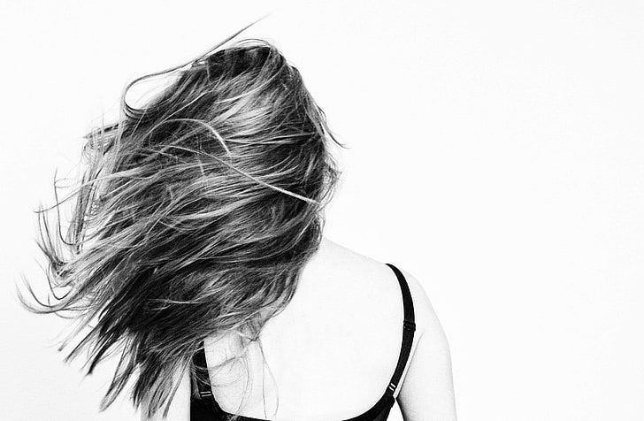 back view, black white, black and white, dynamics, especially, exceptional, female, girl, hair, hair flying, long hair, mind, move, portrait, windswept hair, woman, HD wallpaper