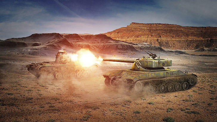 World of Tanks Tanks Firing Bat Chatillon 25 t, M48A1 Patton Games Grafika 3D, zielony i czarny czołg wojskowy, gry, grafika 3D, świat czołgów, czołgi, czołgi z gier, strzelanie, Tapety HD