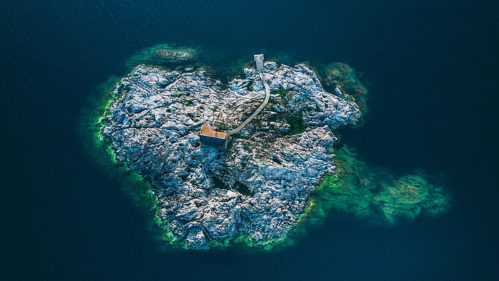 pulau abu-abu dan hijau, lansekap, pulau, batu, laut, air, Wallpaper HD