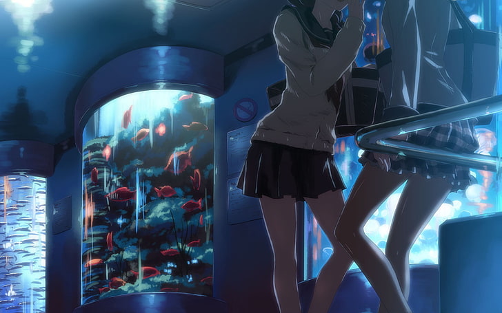 two women anime characters, anime, anime girls, school uniform, original characters, fish, schoolgirl, legs, Yuuki Tatsuya, HD wallpaper