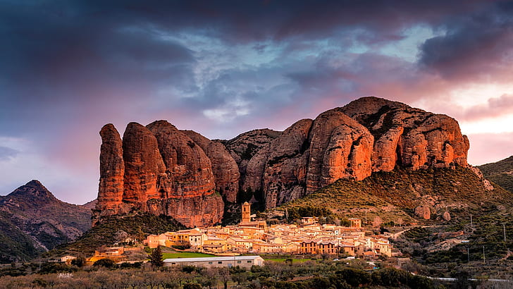 mountains, the city, Spain, Aguero village, Huesca province, Mallos de Agüero, HD wallpaper