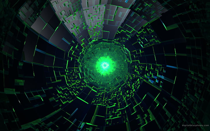 grön och svart spiralvärld tapet, abstrakt, digital konst, digital hädelse, vortex, render, HD tapet