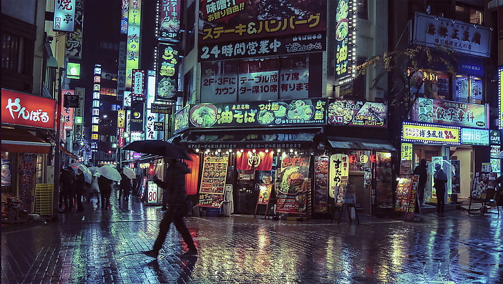 signalisation de magasin noir, néon, réflexion, pluie, parapluie, Fond d'écran HD