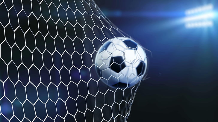 ballon de soccer, battant, 3d, lent, mouvement, animation, objectif, filet, sombre, bleuâtre, stade, lumières, art numérique, Fond d'écran HD