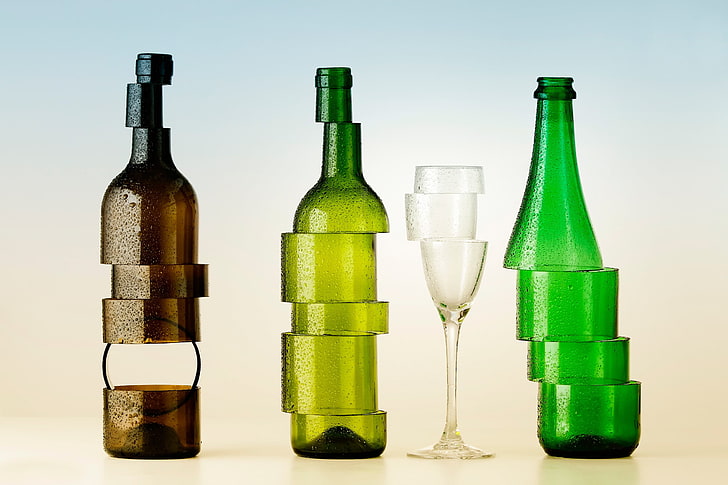 brown and green sliced bottles, creativity, artwork, sculpture, bottles, drinking glass, circle, water drops, gradient, wine, HD wallpaper