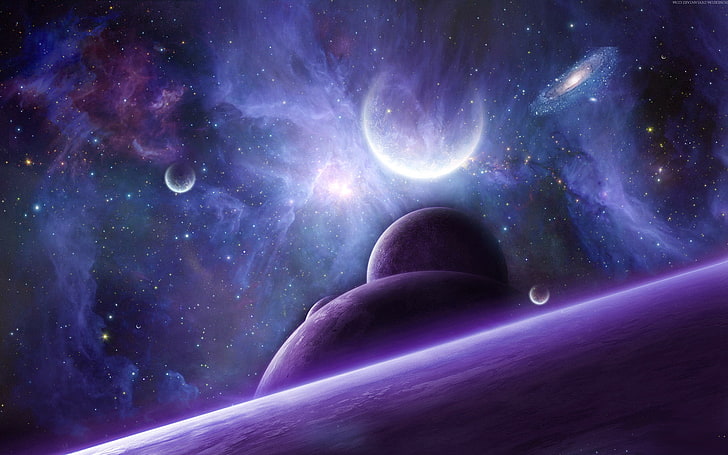 фиолетовые планеты иллюстрации, космос, звёзды, туманность, планета, арт, галактика, натан чёрный волк, HD обои