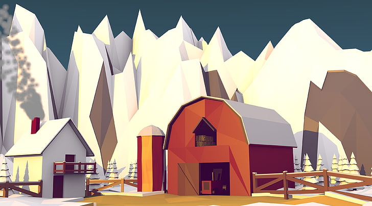 Low Poly Winter Barn v2, brown and red wooden shed, Aero, Vector Art, Winter, colorful, red, low poly, lowpoly, barn, snow, low, mar, marboid, android, pc, mac, farm, cold, tractor, sunset, HD wallpaper