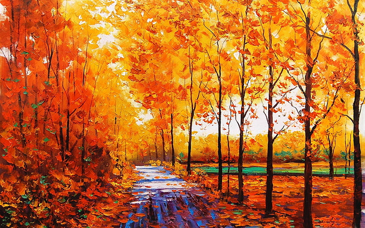 秋の絵画-HD自然の壁紙、黄色の葉の木、 HDデスクトップの壁紙