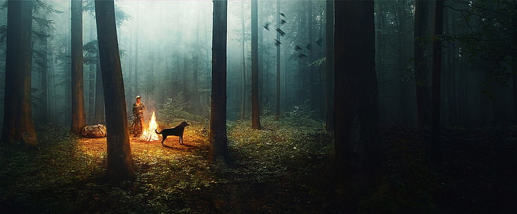 Person im Wald digitale Tapeten, digitale Kunst, Kunstwerke, Landschaft, Wald, HD-Hintergrundbild HD wallpaper
