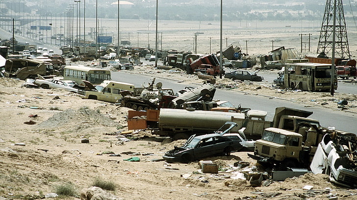 buses, Highway of Death, Iraq, HD wallpaper