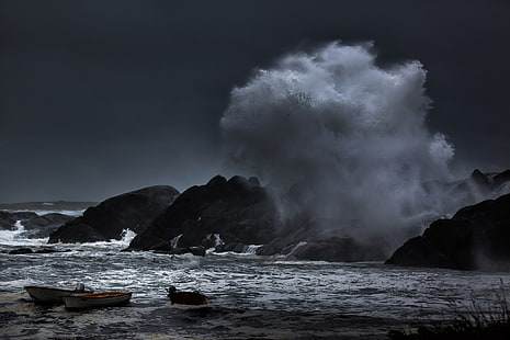 white wooden canoe, sea, wave, squirt, storm, rocks, boats, harbour, HD wallpaper HD wallpaper