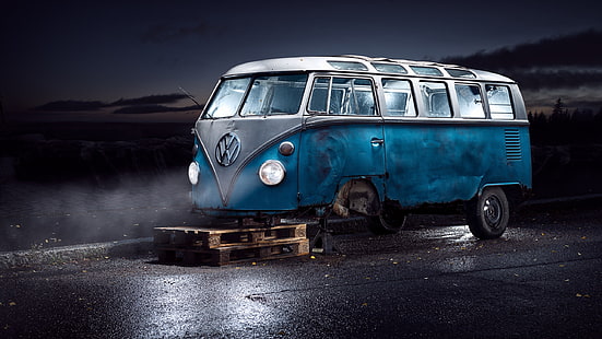 buio, Volkswagen, blu, veicolo, auto, ciano, relitto, notte, strada bagnata, Volkswagen combi, Sfondo HD HD wallpaper