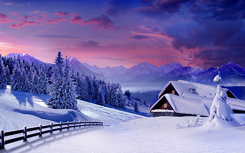 Vinterlandskap Snöiga berg Byhus täckta med snö Trästaketskog med julgranar Bakgrundsbilder 3840 × 2400, HD tapet HD wallpaper