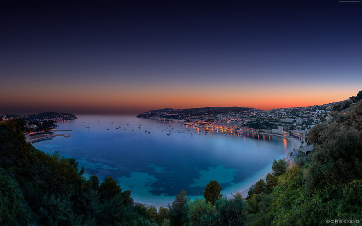 hutan, danau, lautan, Riviera Prancis, laut, malam, matahari terbenam, Monako, langit, 4k, Wallpaper HD