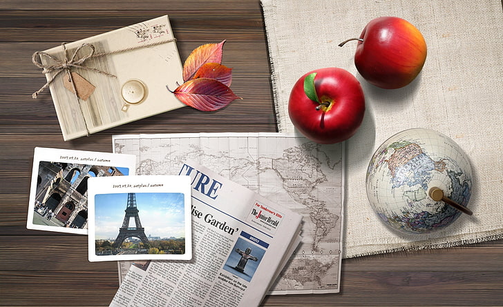 Two Apples, two red apples, Aero, Creative, Table, Apples, Leaves, Book, Photos, two apples, newspaper, earth globe, HD wallpaper