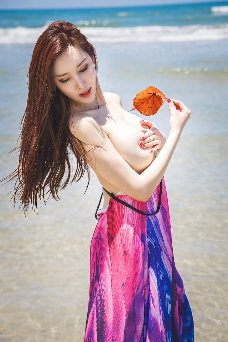 Джоу Ян Си, модел, азиатка, жени, жени на открито, плаж, дълга коса, HD тапет, тапет за телефон