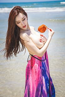 Zhou Yan Xi, modelka, Azjatka, kobiety, kobiety na zewnątrz, plaża, długie włosy, Tapety HD HD wallpaper