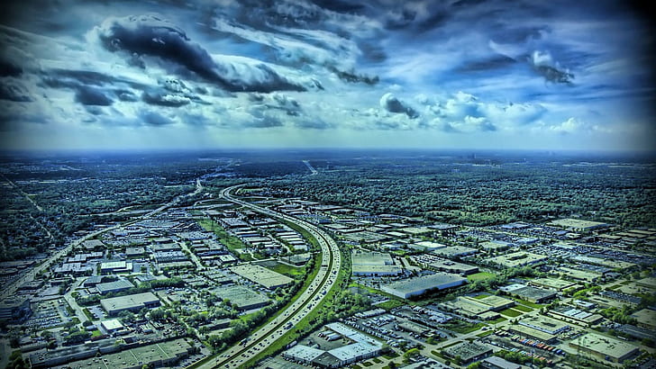Sprawling Cityscape Hdr, highway, city, clouds, nature and landscapes, HD wallpaper