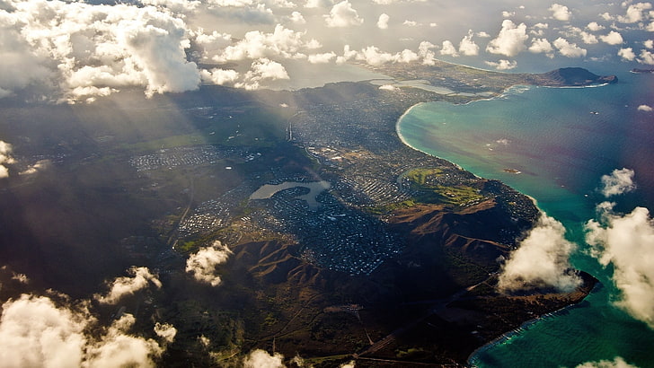 awan cirrus, oahu, Hawaii, laut, pulau, lanskap, kota, pantai, sinar matahari, pemandangan udara, Wallpaper HD