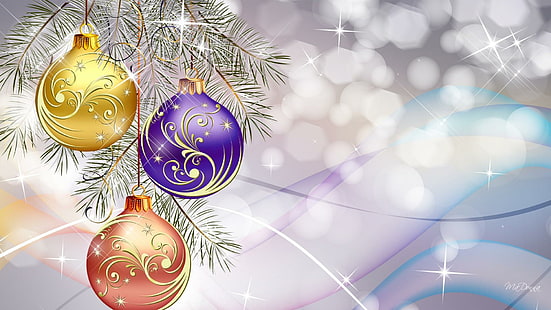 Una storia di Natale, glitter, decorazioni, pallido, onde, blu, bokeh, pastello, vacanze, lucido, stelle, natale, palline, Sfondo HD HD wallpaper