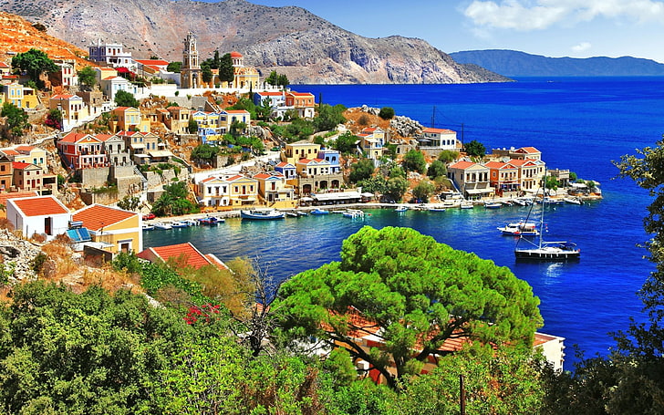 Греческие острова Symi Island Группа Додеканес, известная своими пляжами Красивые HD обои для рабочего стола и мобильных 3840 × 2400, HD обои