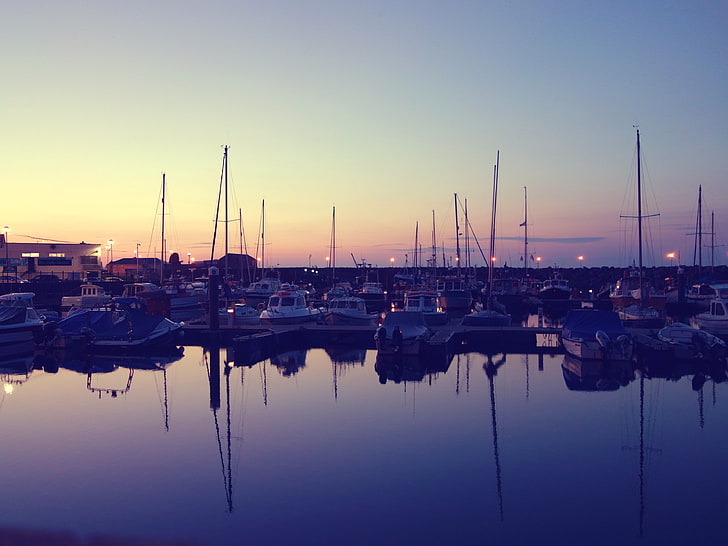 water, boat, reflection, harbor, sunrise, HD wallpaper
