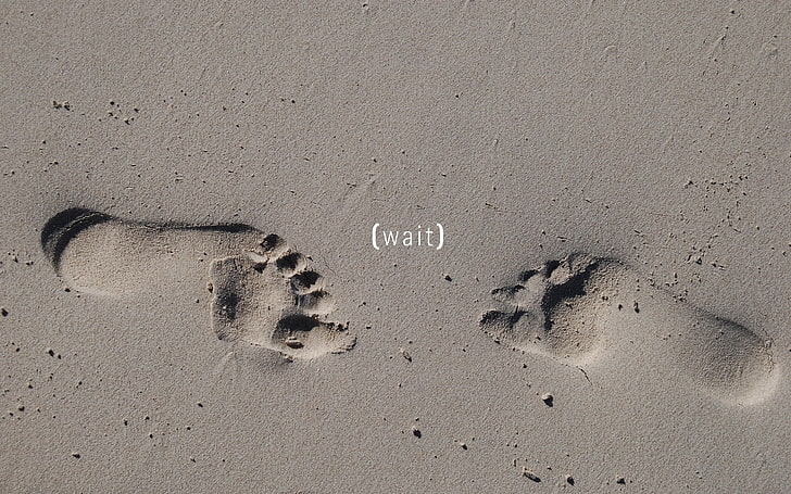 gray sand with wait text overlay, traces, sand, footprint, gray, HD wallpaper