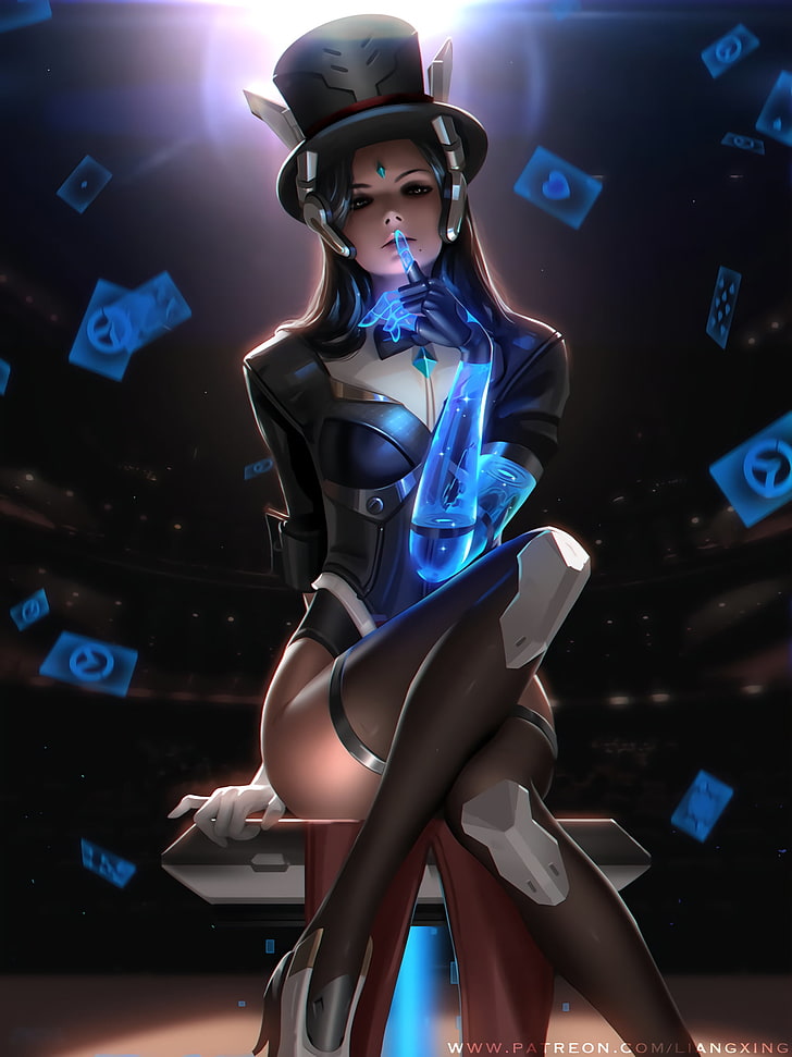 female cyborg illustration, Overwatch, women, brunette, video games, Liang Xing, Liang-Xing, digital art, artwork, portrait display, tight clothing, looking at viewer, Symmetra (Overwatch), thighs, thigh-highs, top hat, finger on lips, HD wallpaper