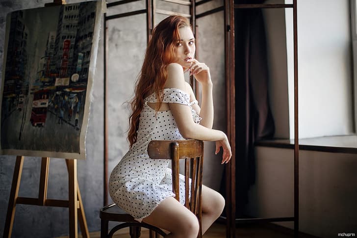 look, girl, pose, dress, chair, red, redhead, shoulder, long hair, sundress, Maksim Chuprin, Nadezhda Tretyakova, HD wallpaper