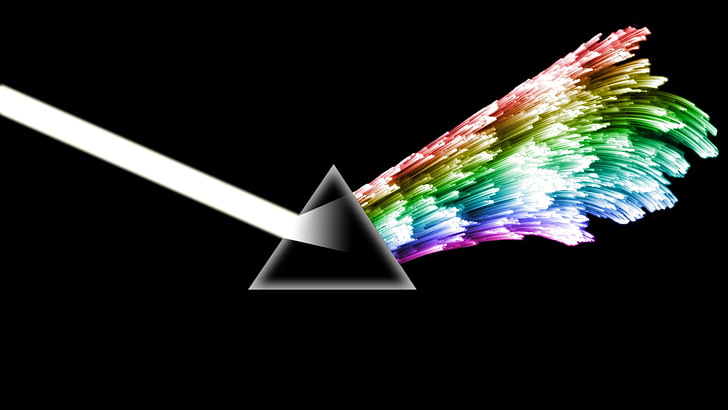 триъгълник и многоцветна илюстрация, розов флойд, енергия, триъгълник, дъга, искри, HD тапет