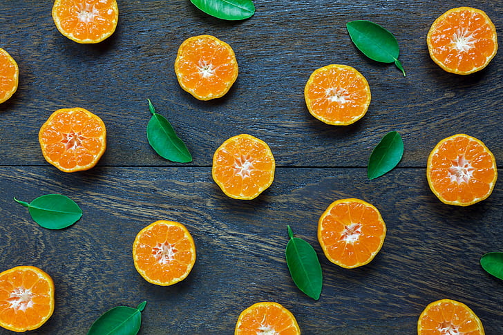 leaves, orange, background, slices, fruit, Mandarin, slice, HD wallpaper