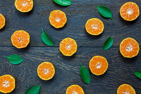 листья, апельсин, фон, ломтики, фрукты, мандарин, ломтик, HD обои HD wallpaper