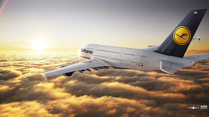 Airbus A380 Lufthansa Sunset HD, бял пътнически самолет на lofttansa, a380, airbus, lufthansa, залез, HD тапет