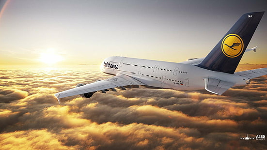 إيرباص A380 لوفتهانزا Sunset HD ، طائرة ركاب بيضاء لوفتانزا ، A380 ، إيرباص ، لوفتهانزا ، غروب الشمس، خلفية HD HD wallpaper