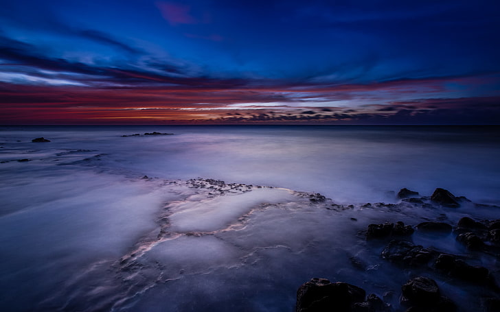 the sky, clouds, sunset, the ocean, shore, coast, Hawaii, USA, twilight, blue, raspberry, HD wallpaper