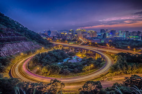 timelapse photography buildings near mountain and trees, xindian, xindian, Xindian, System, Interchange, timelapse photography, buildings, mountain, trees, 風景, D600, Nikon, Taipei, 台北, Taiwan, 35mm, traffic, night, highway, cityscape, street, transportation, road, architecture, asia, china - East Asia, urban Skyline, speed, business, urban Scene, dusk, multiple Lane Highway, downtown District, modern, car, skyscraper, HD wallpaper HD wallpaper
