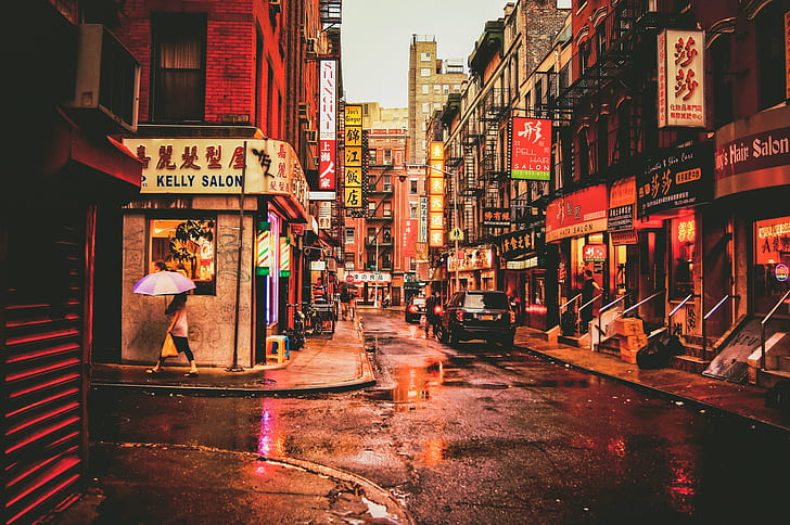 people, street, New York, umbrella, puddles, stores, life, United States, rainy, Chinatown, restaurants cars, HD wallpaper