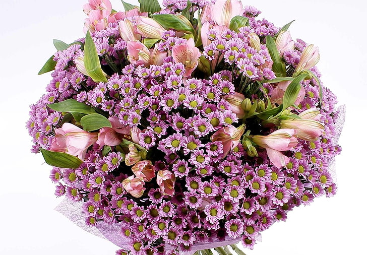 pink clustered flower, chrysanthemums, alstroemeria, flowers, bouquet, decoration, HD wallpaper