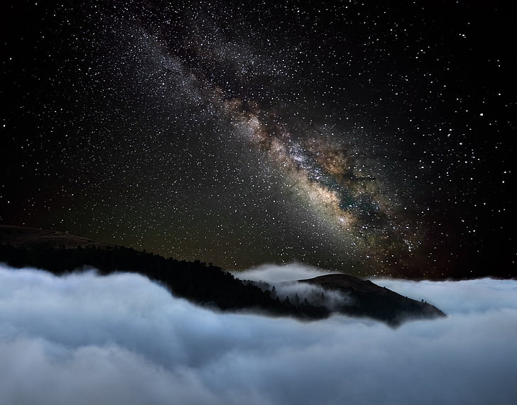 nebulosa estrellas, naturaleza, paisaje, noche estrellada, montañas, niebla, Vía Láctea, galaxia, larga exposición, Fondo de pantalla HD