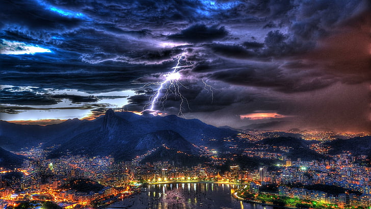 mörker, stormigt, kväll, natt, fenomen, stad, moln, stadsbild, väder, storm, blixt, Sydamerika, Brasilien, Rio de Janeiro, nattliv, Rio, stadsbelysning, natthimlen, himmel, HD tapet