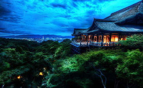 Киото, Япония ночью, серый дом на вершине горы, Азия, Япония, ночь, Киото, HD обои HD wallpaper