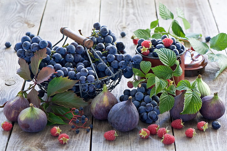food, fruit, grapes, wooden surface, baskets, HD wallpaper